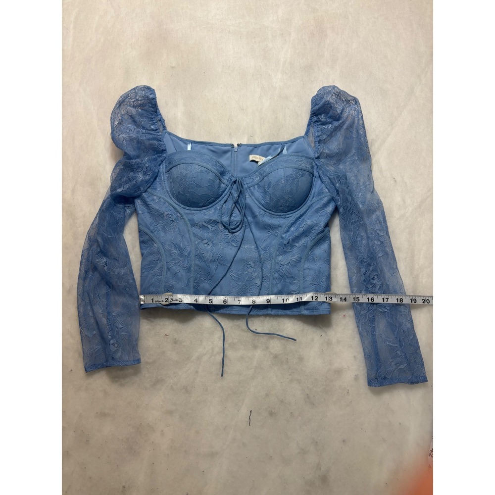 Chelsea & Violet Blue Lace Corset Top Long Puff Sleeve Sweetheart Size 4 NWT - Picture 7 of 13